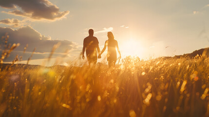 Young couple enjoying the sunset in the meadow : Generative AI