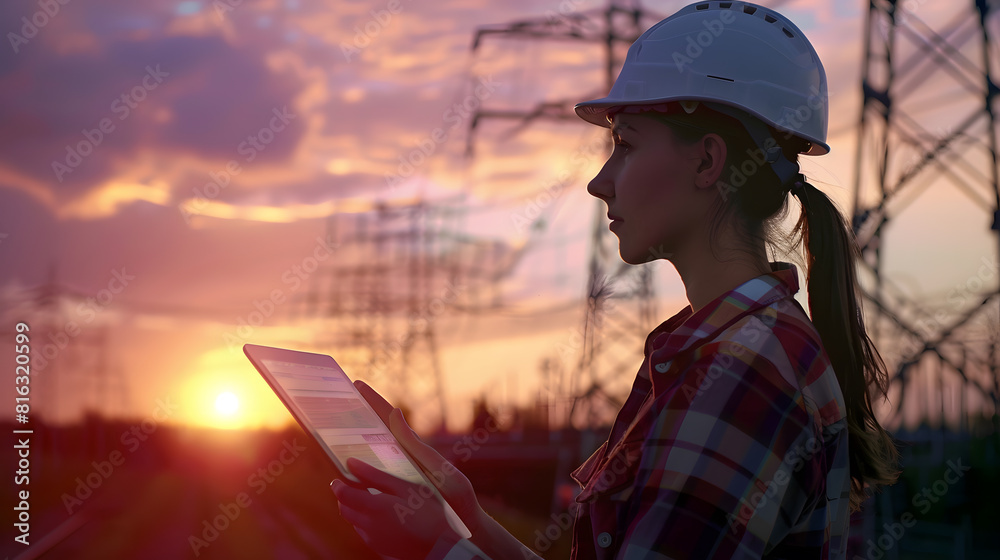 Poster electrician in outdoors electric lines of high voltage at sunset woman engineer power engineer in he