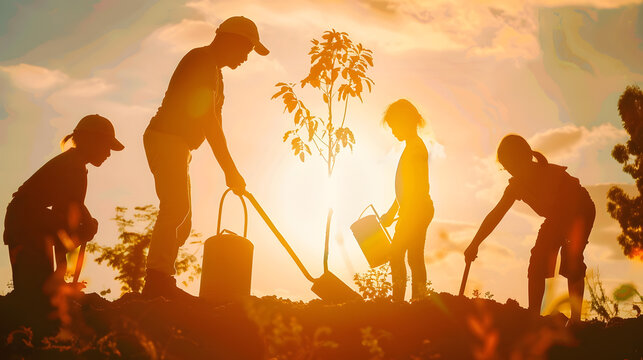 Happy family team planting tree in sun spring time Farmer dad mom child planting tree Silhouette of family with tree at sunset Family with shovel and watering can plants young trees sp : Generative AI