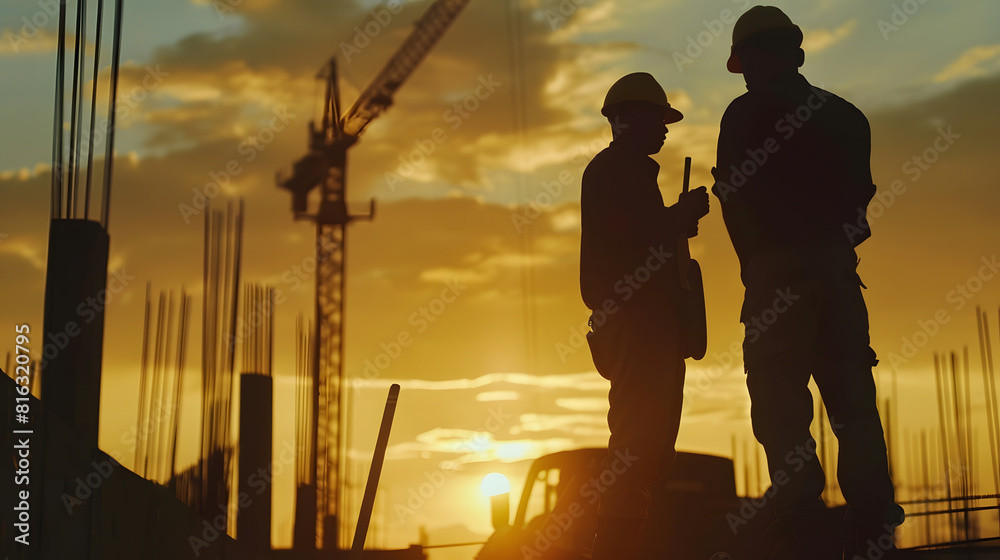 Aufkleber Silhouette of Engineer and worker checking project at building site background construction site at sunset in evening time : Generative AI