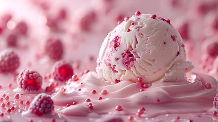 Raspberry white chocolate chip ice cream, fresh foods in minimal style