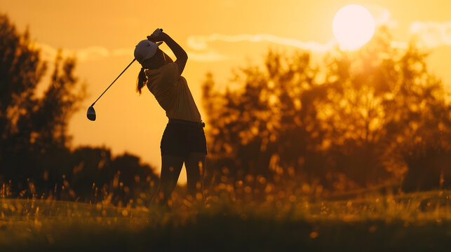 Silhouette of woman playing golf on course : Generative AI