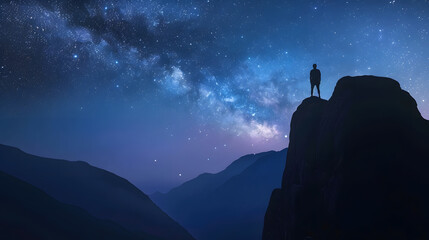 Milky Way arch and man on the mountain peak at starry night Silhouette of alone guy blue sky with bright stars in summer Galaxy Space background Landscape with arched milky way Travel  : Generative AI