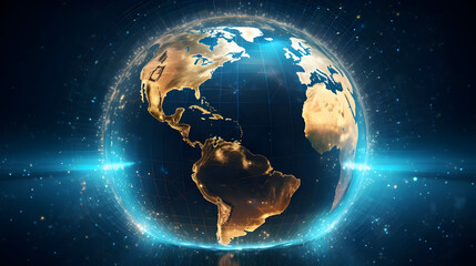 Fototapeta premium digital world, centered on America, enables global connectivity, high-speed data transfer, cyber technology, information exchange, and international communication.