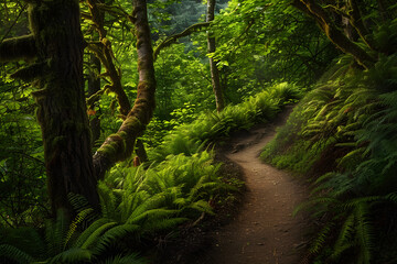 Tranquil Hiking Trail Winding through Lush Woodland under a Sunlit Canopy - Perfect Escape into Nature