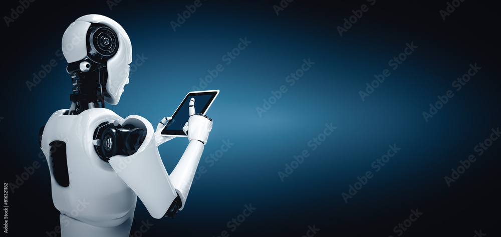 Poster mlp 3d illustration robot humanoid using tablet computer in future office while using ai thinking br