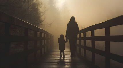 mystical silhouettes back of woman with child on a foggy bridge in the evening in autumn in the fog...