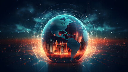 Obraz premium digital world, centered on America, enables global connectivity, high-speed data transfer, cyber technology, information exchange, and international communication.