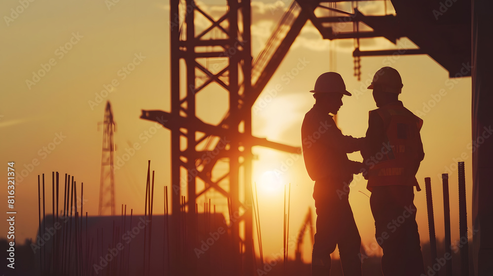 Poster Silhouette of Engineer and worker checking project at heavy infrastructure building site background construction site at sunset in evening time : Generative AI