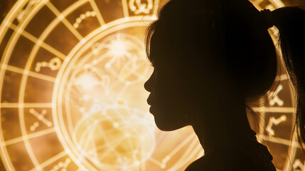 Astrological forecast creative concept Silhouette of a young girl in profile with the zodiac circle and signs of the zodiac : Generative AI
