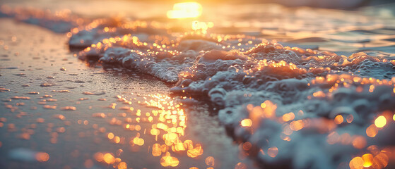 Vibrant Sunset Over the Ocean, Waves Gently Crashing Against the Shore, Serene Beach Evening