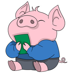 pink pig is sitting holding a lot of money to be rich