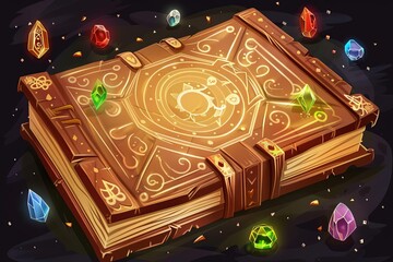 mysterious ancient spell book with magical symbols and gemstones game icon vector