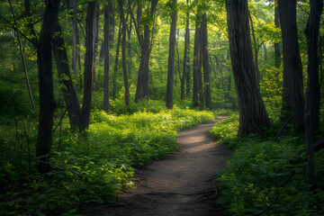 Tranquil Hiking Trail Winding through Lush Woodland under a Sunlit Canopy - Perfect Escape into Nature