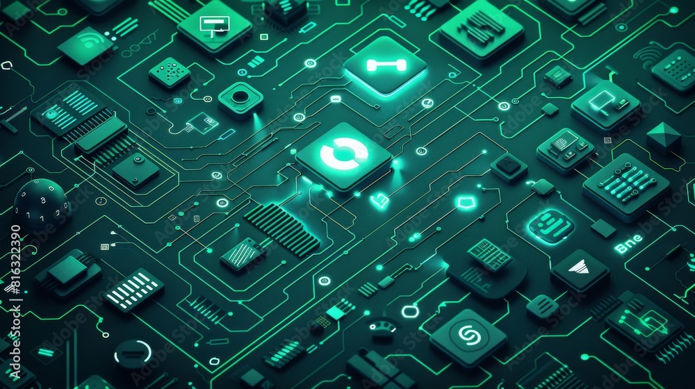 Aufkleber Detailed digital rendering of a green circuit board with illuminated electronic components and connections.
