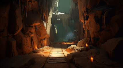 A team of explorers navigating through a labyrinthine cave system, beams of sunlight piercing through narrow openings, illuminating the ancient rock formations and revealing hidden passageways, evokin