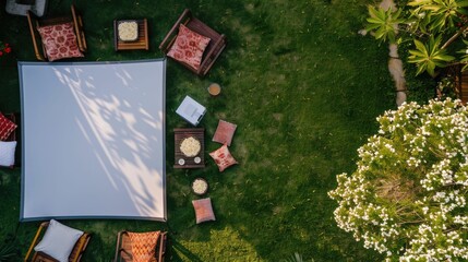 A picnic blanket is spread out on a vibrant green lawn surrounded by tall trees, shrubs, and colorful flowers, creating a picturesque tableau for a relaxing outdoor event AIG50