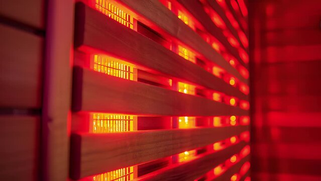 A closeup of a sauna panel demonstrating the red glow of the infrared light and its ability to trate the body for deep relaxation..