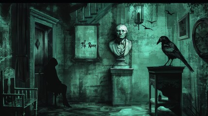 Spooky Hallway With A Raven And A Silhouette