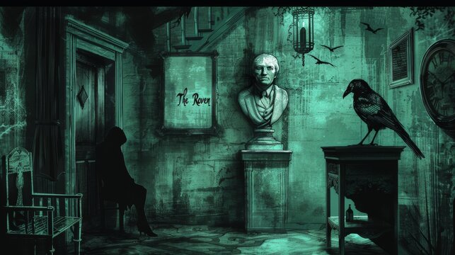 Spooky Hallway With A Raven And A Silhouette