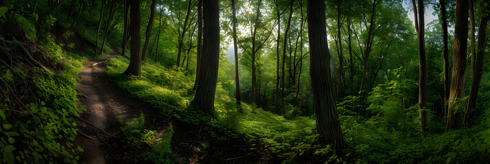 Tranquil Hiking Trail Winding through Lush Woodland under a Sunlit Canopy - Perfect Escape into Nature