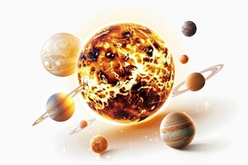 realistic solar system with sun and planets isolated on white clipping path included