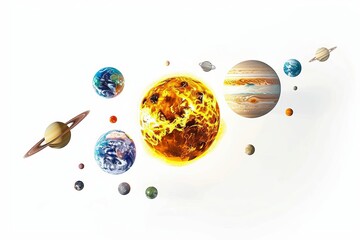 realistic solar system with sun and planets isolated on white clipping path included