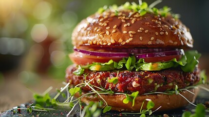 A closeup of Veggie burgers with avocado and sprouts