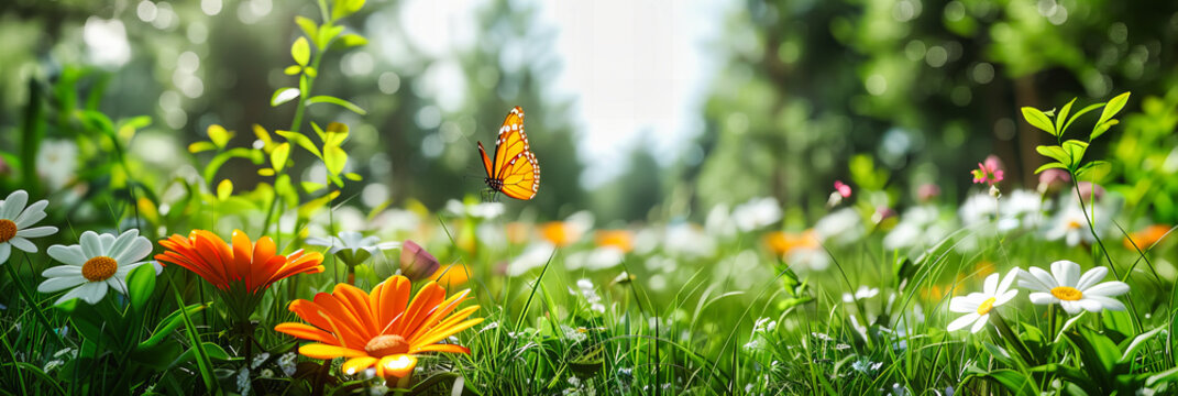 Vivid Scene of Butterflies Amidst Colorful Flowers, Capturing the Essence of a Vibrant Summer Garden