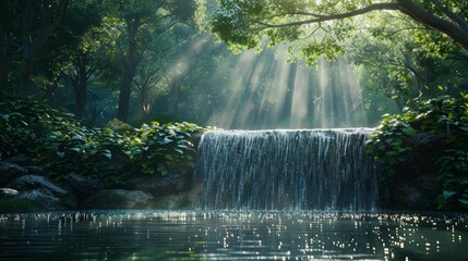 waterfall cascading down into a crystal-clear pool, surrounded by lush greenery. The scene is in the early morning.