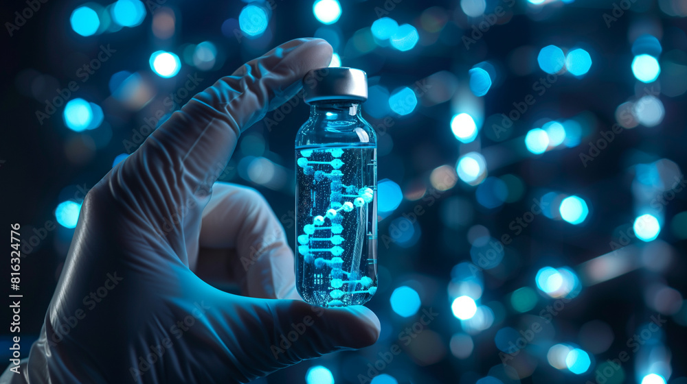 Wall mural closeup on a hand holding a dna in a capsule bottle with metal lid with blue lights in the backgroun