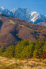 日本の風景　長野県白馬村　杓子岳と三段紅葉