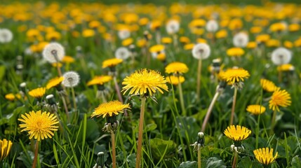 Obraz premium Vibrant dandelion meadow in bloom