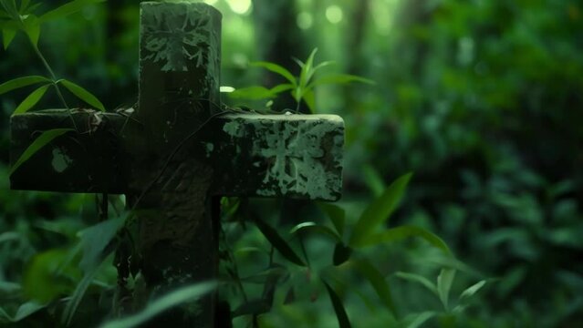 The family cemetery hidden deep in the plantations woods is rumored to hold the graves of vengeful spirits seeking retribution for the atrocities committed against them. 2d flat cartoon.
