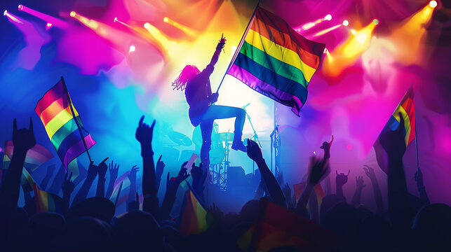 An energetic performer jumping on stage with pride flags waving in the crowd