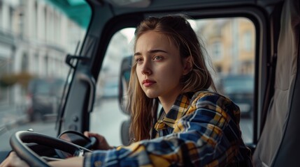 Naklejka premium A young female sits in the driver s seat of a delivery truck Theme related to the transportation sector