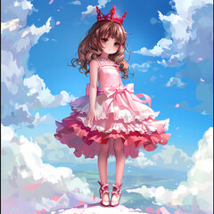 Fototapeta premium Anime style illustration of girl with crown in pink dress with blue sky background