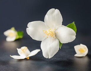 Jasmine bloom. A beautifull white flower of Jasmine falling in the air isolated
