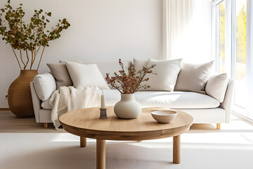 Fototapeta premium The Scandinavian home interior design features a modern living room with a round wooden coffee tbale and beige pillows.