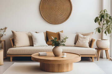 The Scandinavian home interior design features a modern living room with a round wooden coffee tbale and beige pillows.