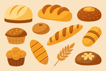 A set of cakes, . Bread, baguettes, rolls, pastries and other baked goods. Concept for bakery or cafe menu design Silhouette Design with white Background and Vector Illustration on white background