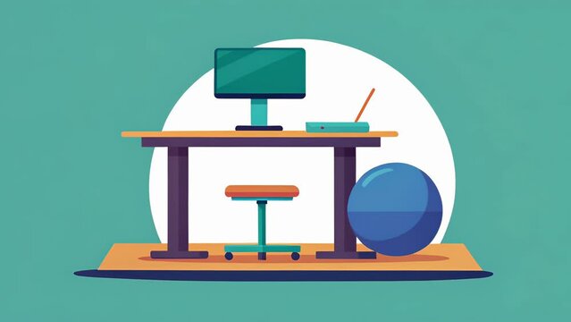 A tabletop standing desk p on top of a regular desk is paired with a stability ball as an alternative and budgetfriendly chair promoting