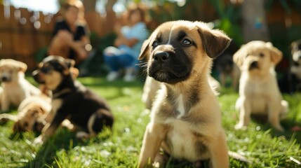 A suburban backyard scene with a group of puppies in a basic training class, learning simple commands like sit and stay from a cheerful trainer, Close up