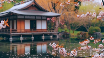 A tranquil Japanese garden during cherry blossom season, featuring a traditional tea house surrounded by scattered blossoms, Close up