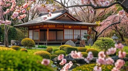 A tranquil Japanese garden during cherry blossom season, featuring a traditional tea house surrounded by scattered blossoms, Close up