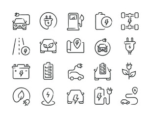 Electric car hand drawn doodle sketch style line icons. Vector illustration.