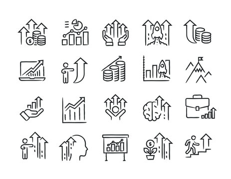 Grwoth hand drawn doodle sketch style line icons. Vector illustration.