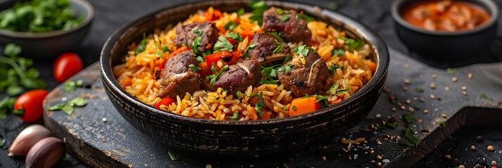 Saudi Arabian Kabsa with Lamb, fresh foods in minimal style