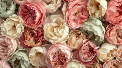 Close up view of pink beige and green rosebud bouquet for greeting card