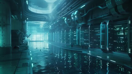 futuristic corridor with water on the floor and blue lights on the walls.